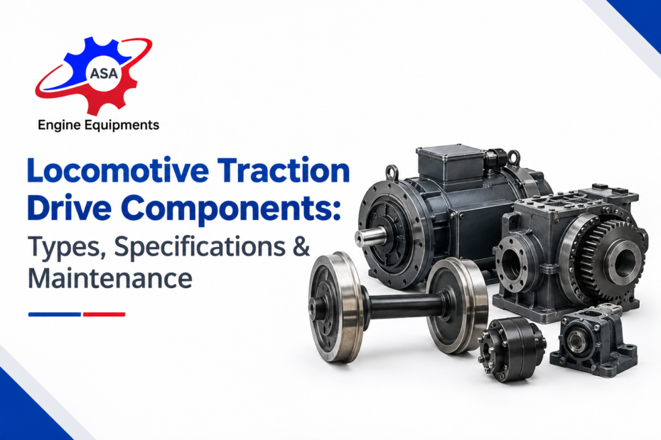 Locomotive traction drive components including traction motor and gear assembly